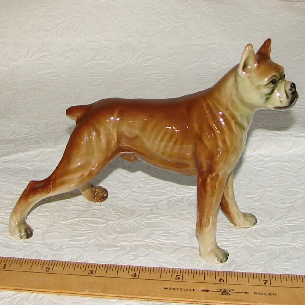 Vintage Wales Boxer Dog Porcelain Figurine, Japan, Foil Sticker, 5" Tall